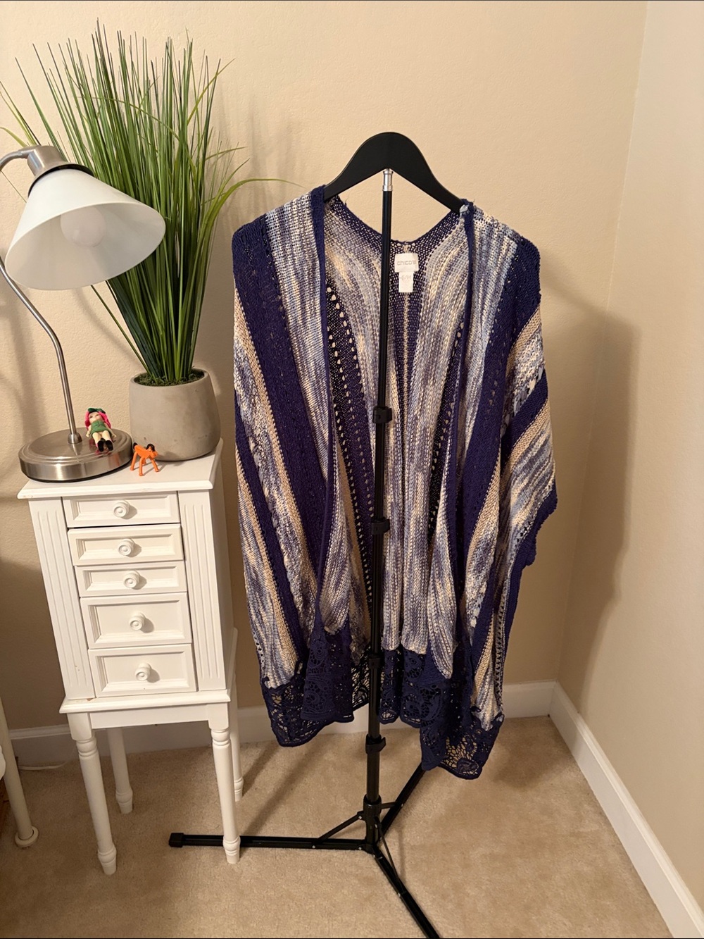 Chico’s knot sisters Navy, Cream & Gray Striped Crochet Cardigan
